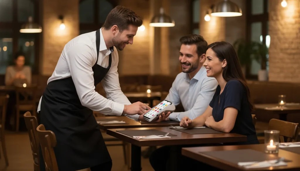 AI is transforming hospitality as a waiter processes a contactless payment on a handheld POS device at a restaurant table, with confirmation visible on screen.