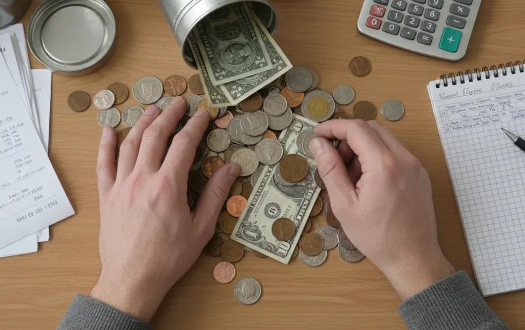 Charity worker's hands counting loose coins from collection tin with calculator and notepad showing manual reconciliation process