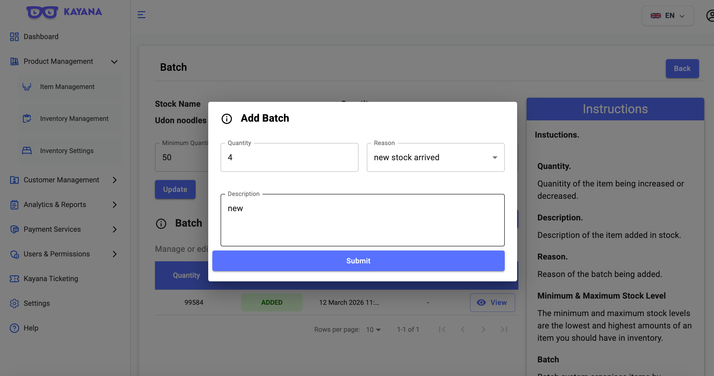 Een weergave van de pop-up Batch toevoegen op het scherm Voorraadbeheer op Kayana Partner Admin.