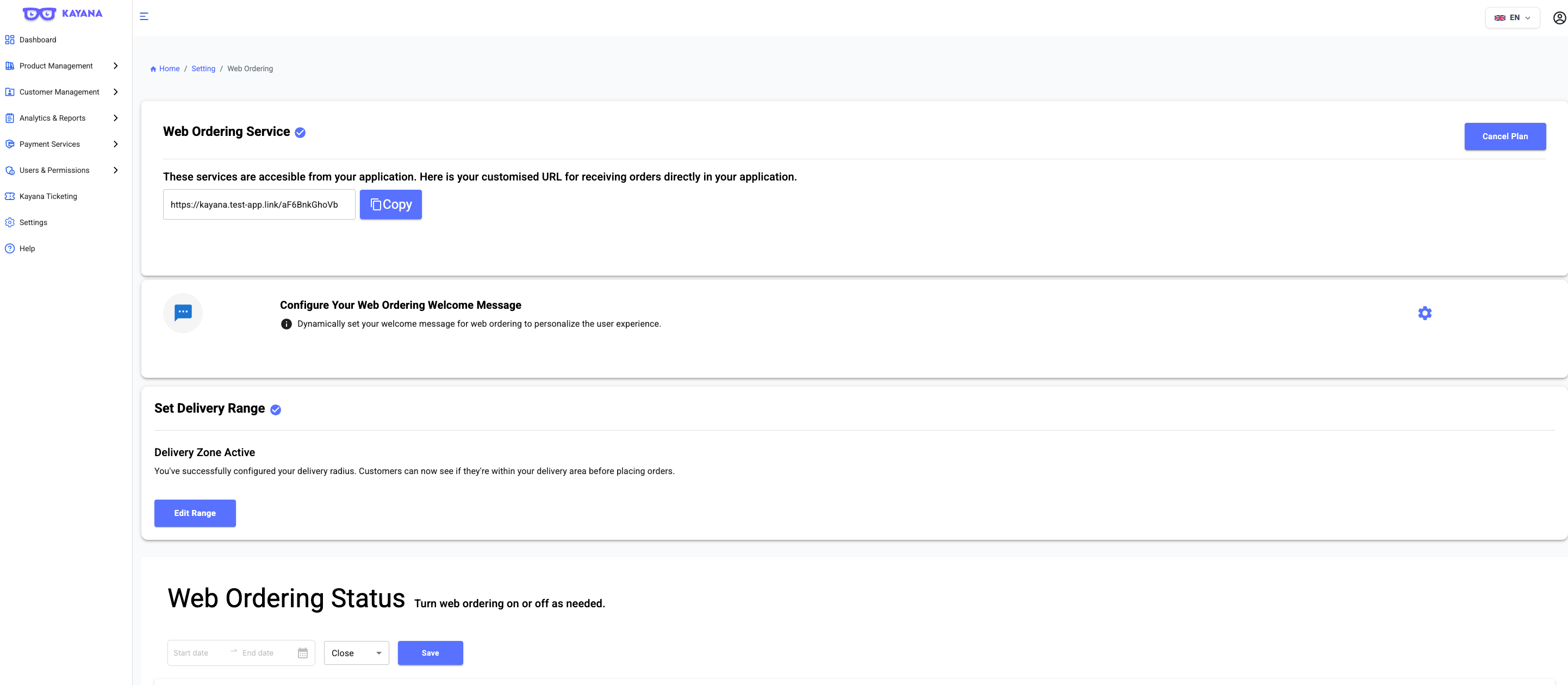 Een weergave van het scherm "Web ordering service".