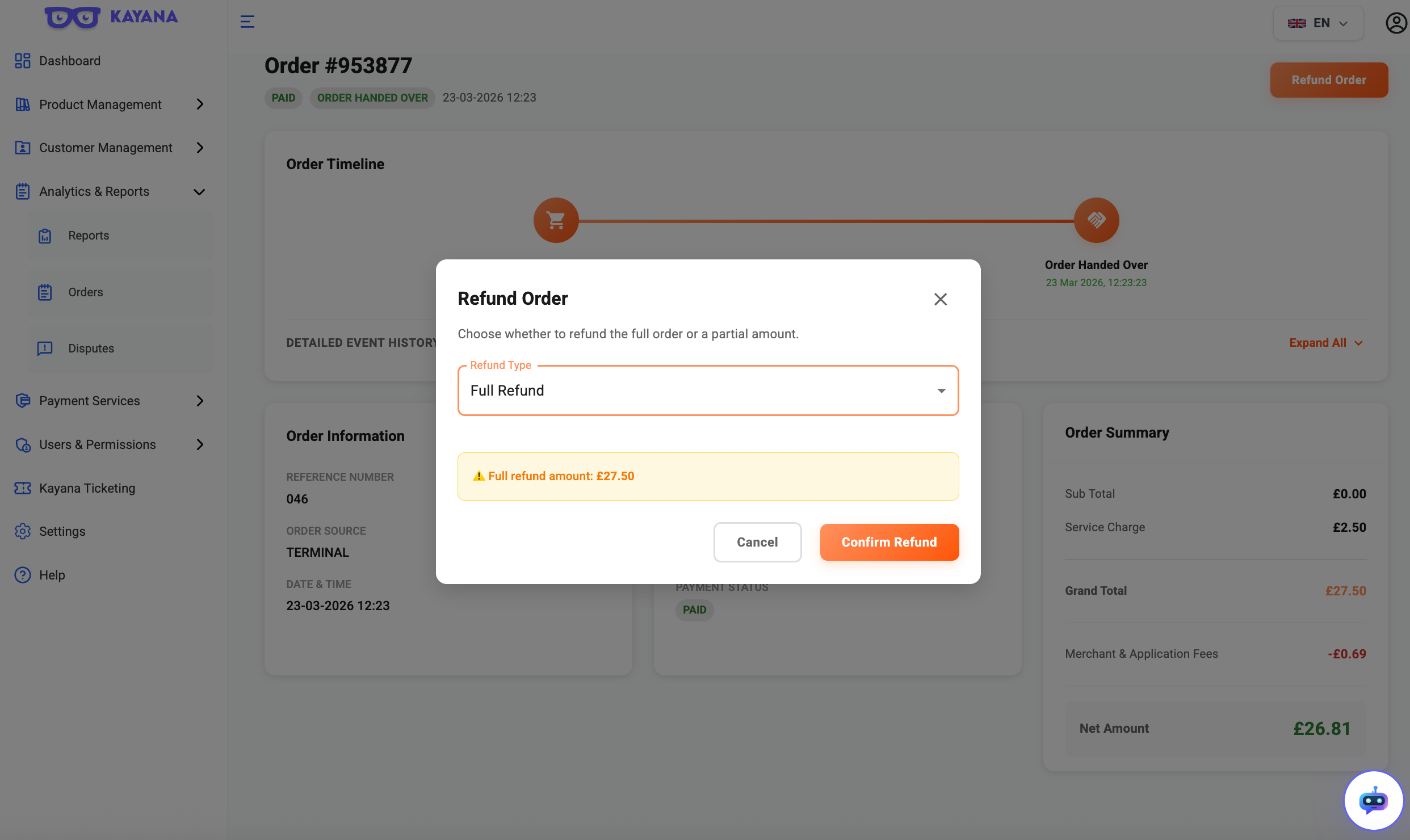Een weergave van de pop-up "Bestelling retourneren".