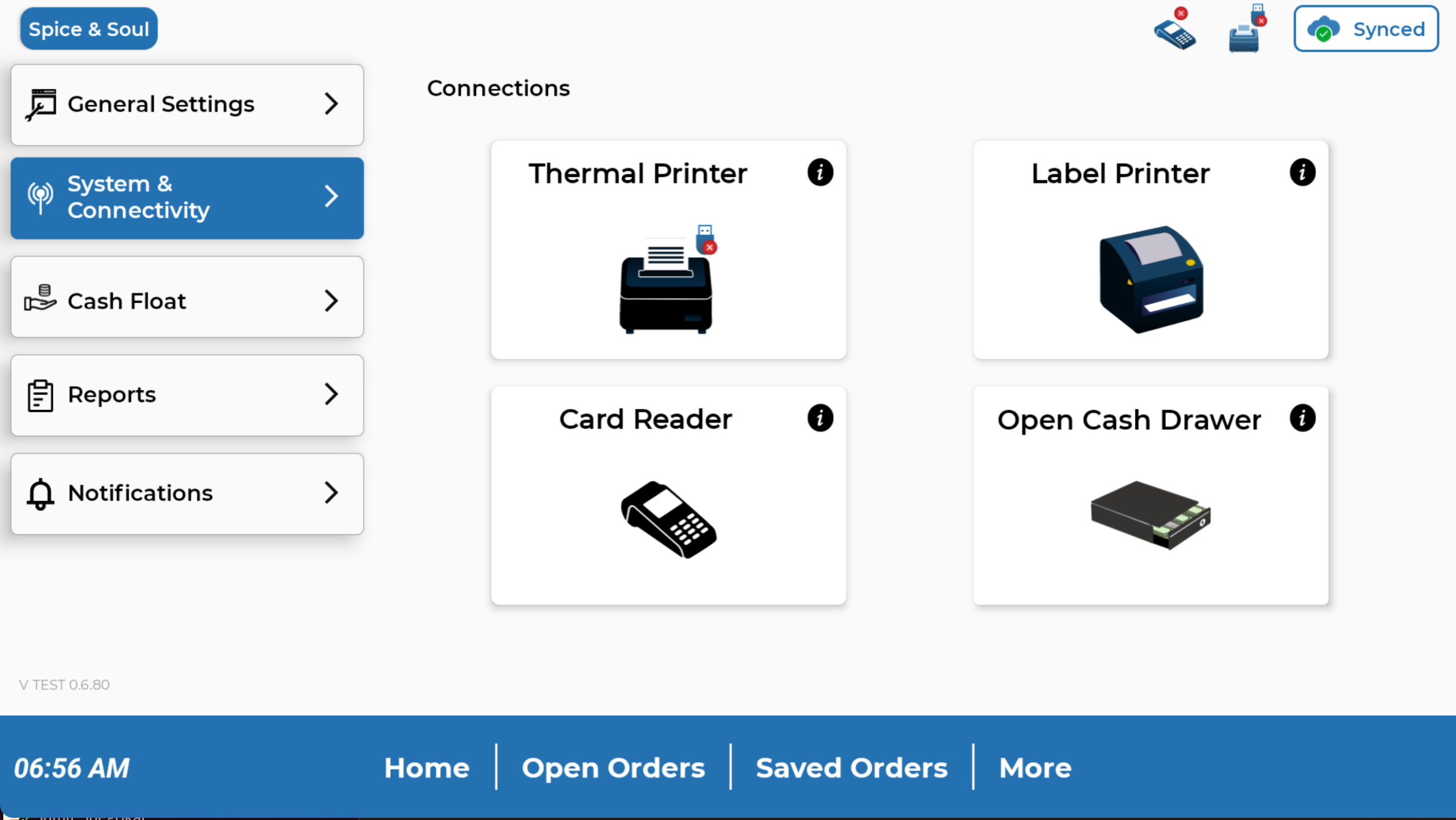 Scherm Systeem en connectiviteit met aangesloten printer, kassalade en kaartlezer op Kayana EPOS