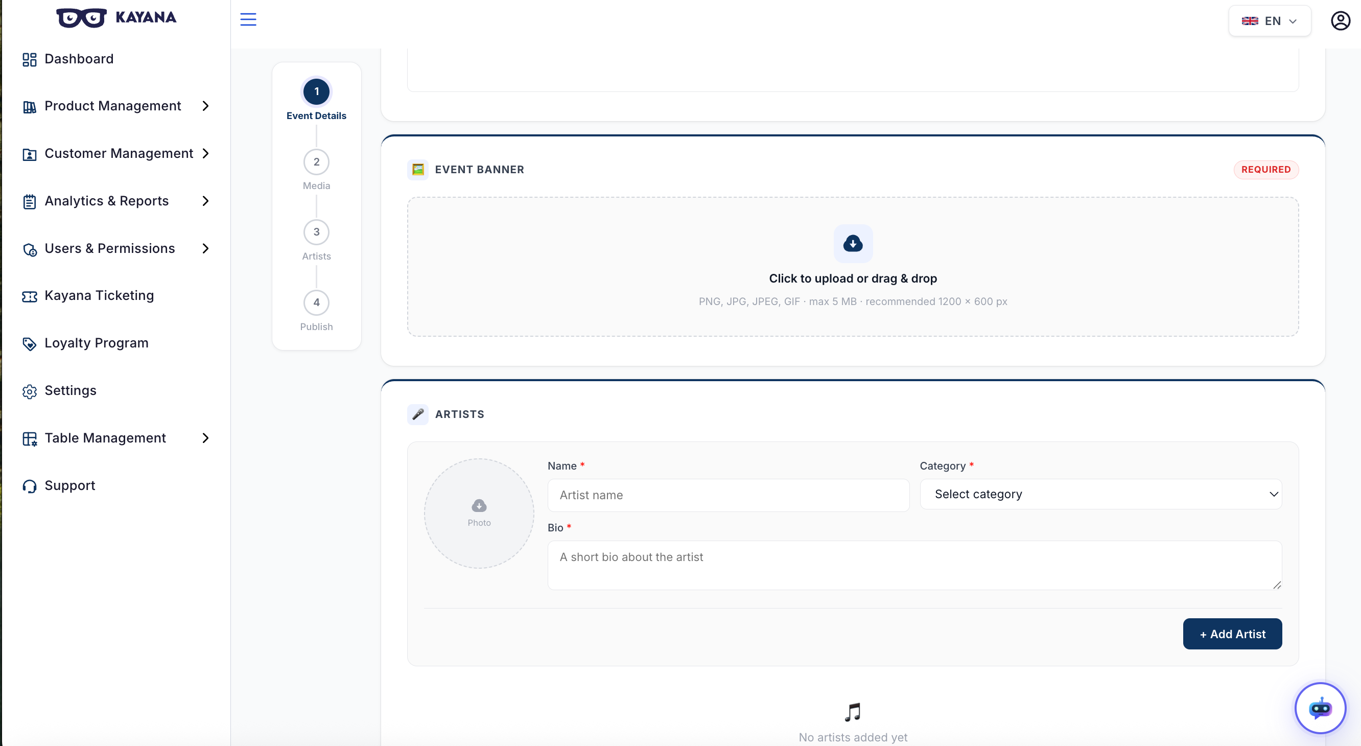 Kayana Tickets — managing events view