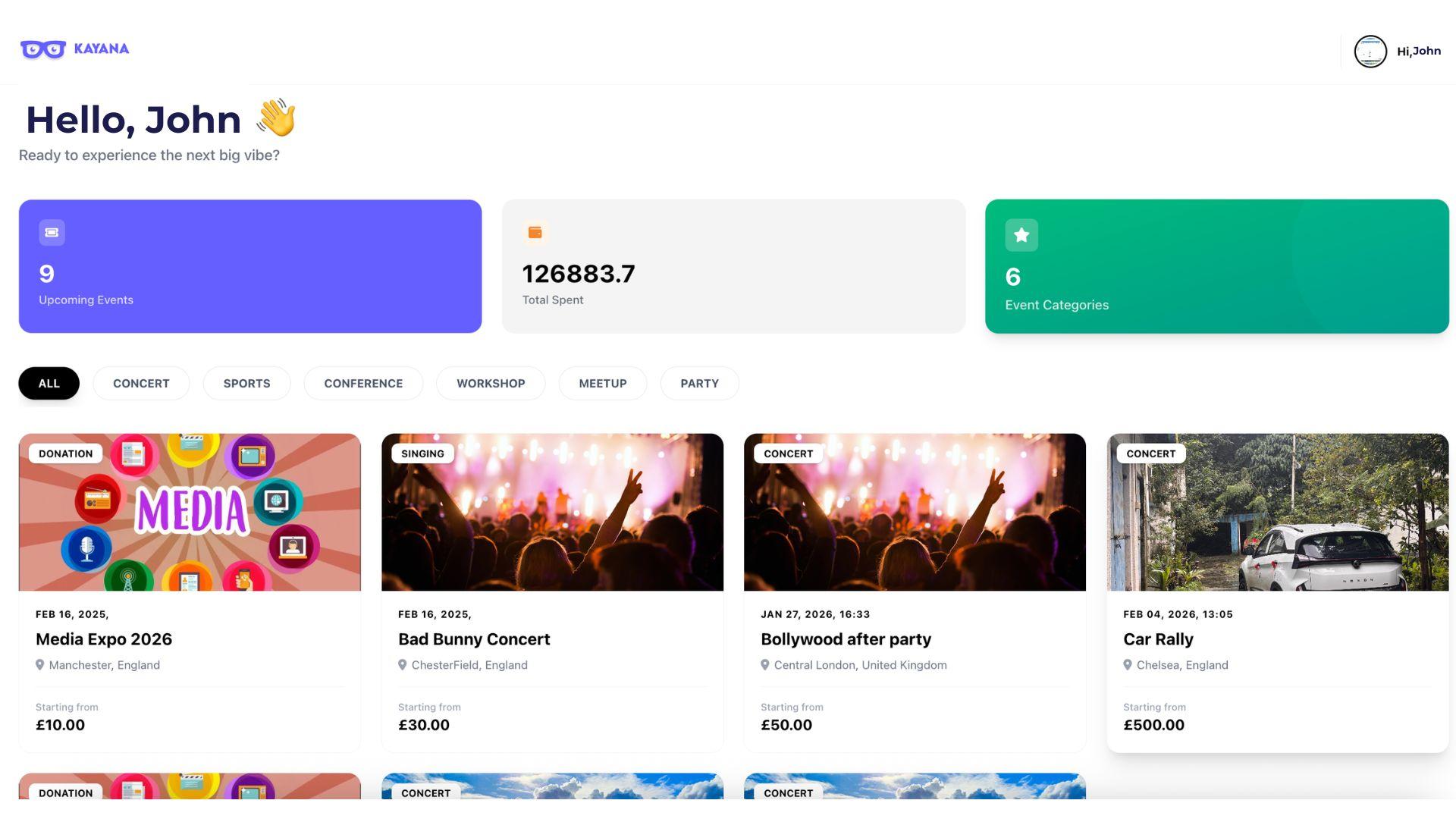 Una vista de tu panel de control en Kayana tickets