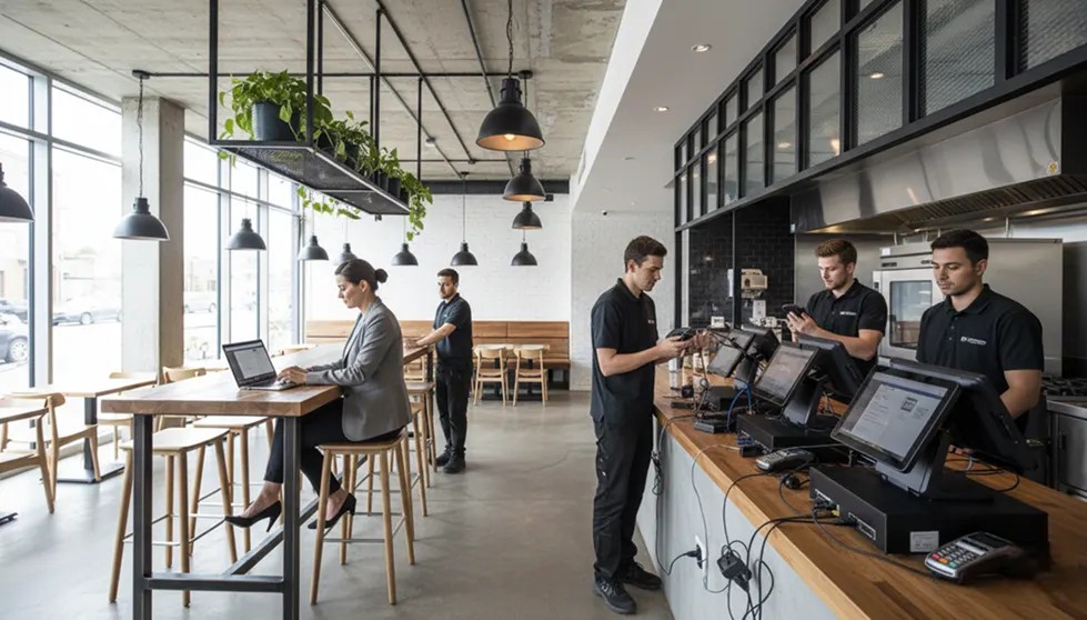 Restaurant interior with staff preparing a new location for opening
