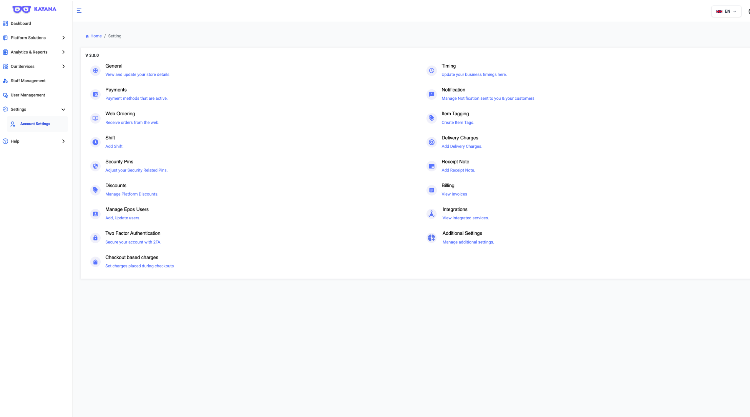 Pantalla de Configuración de Cuenta en Kayana Partner Admin mostrando opciones de configuración