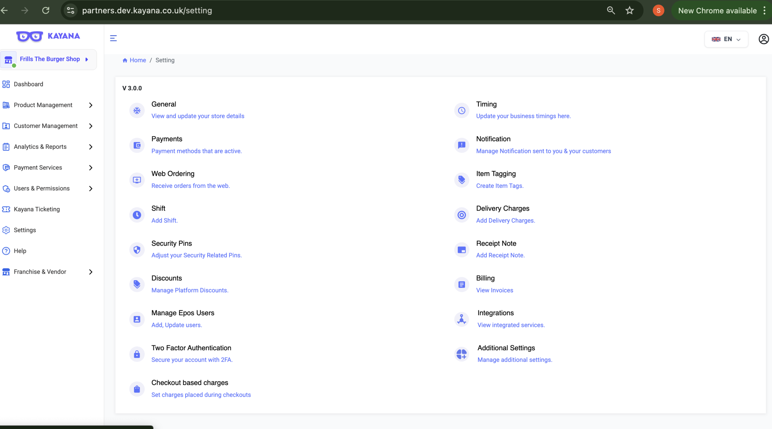 Instellingenscherm in Kayana Partner Admin met een raster van configuratieopties