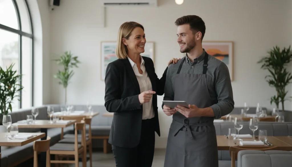 A restaurant floor manager standing beside a staff member who is serving a table, gently guiding them while glancing at a tablet showing live table status and order progress. Warm busy dining room in the background, natural candid moment, soft bokeh, documentary photography style.