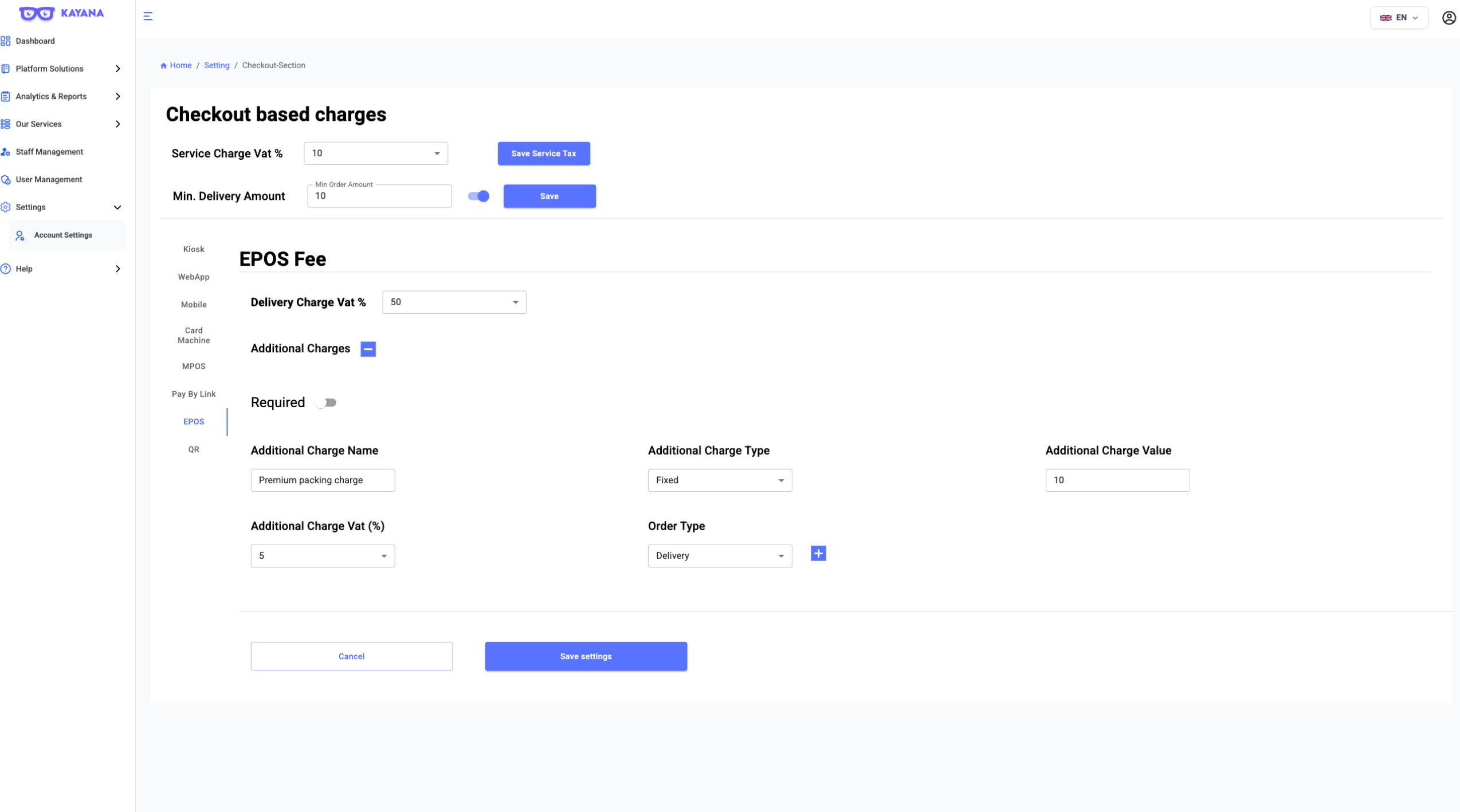 Pantalla de Cargos Basados en Pago en Kayana Partner Admin para configurar el IVA, cargos por servicio y configuración de entrega