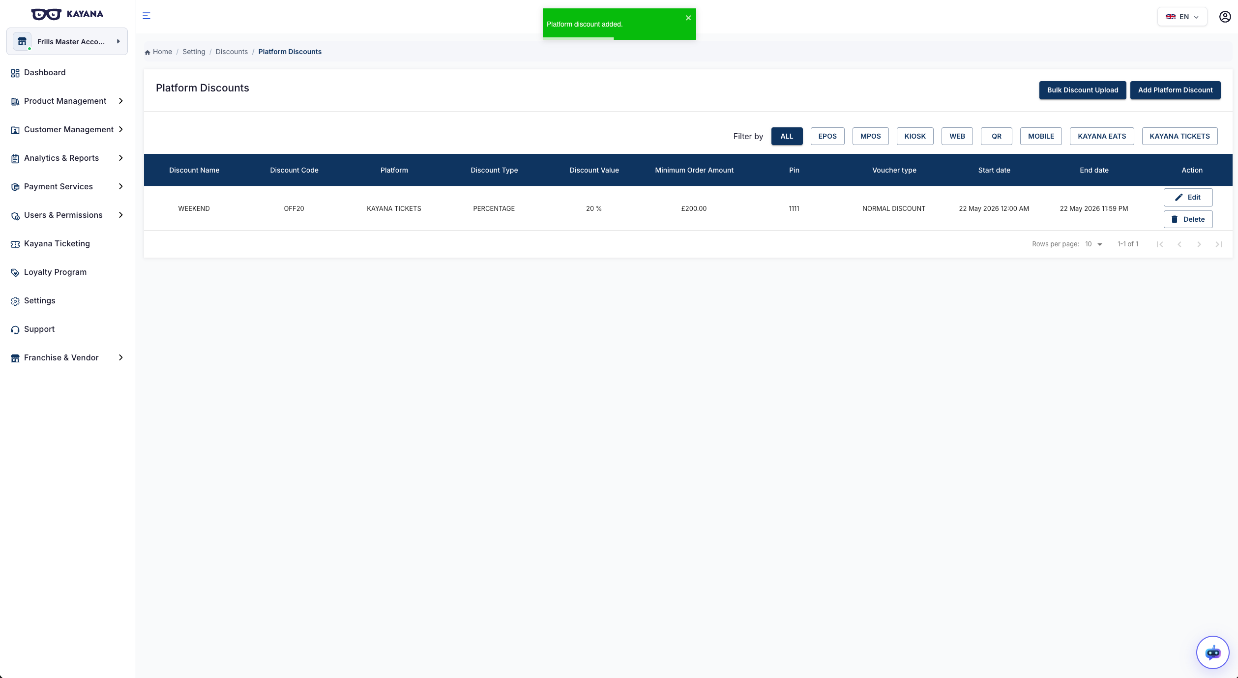 Una vista del panel de Descuentos en Kayana Partner Admin