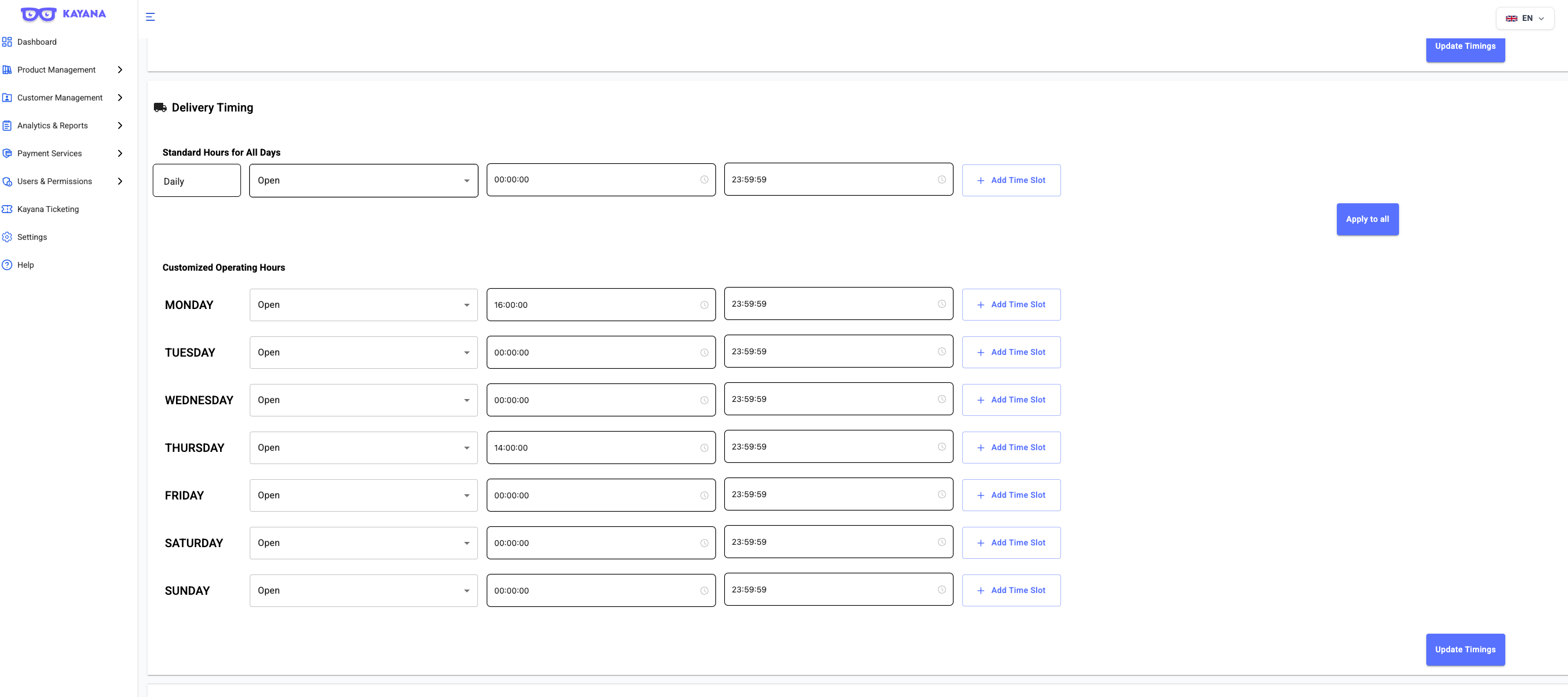 Weergave van het Timings-scherm op het Kayana Partner Admin-dashboard, met bewerkbare rijen voor elke dag van de week met invoervelden voor start- en stoptijd, een vervolgkeuze voor "Open/Closed" status, en knoppen om extra tijdslots toe te voegen of te verwijderen. – image 2