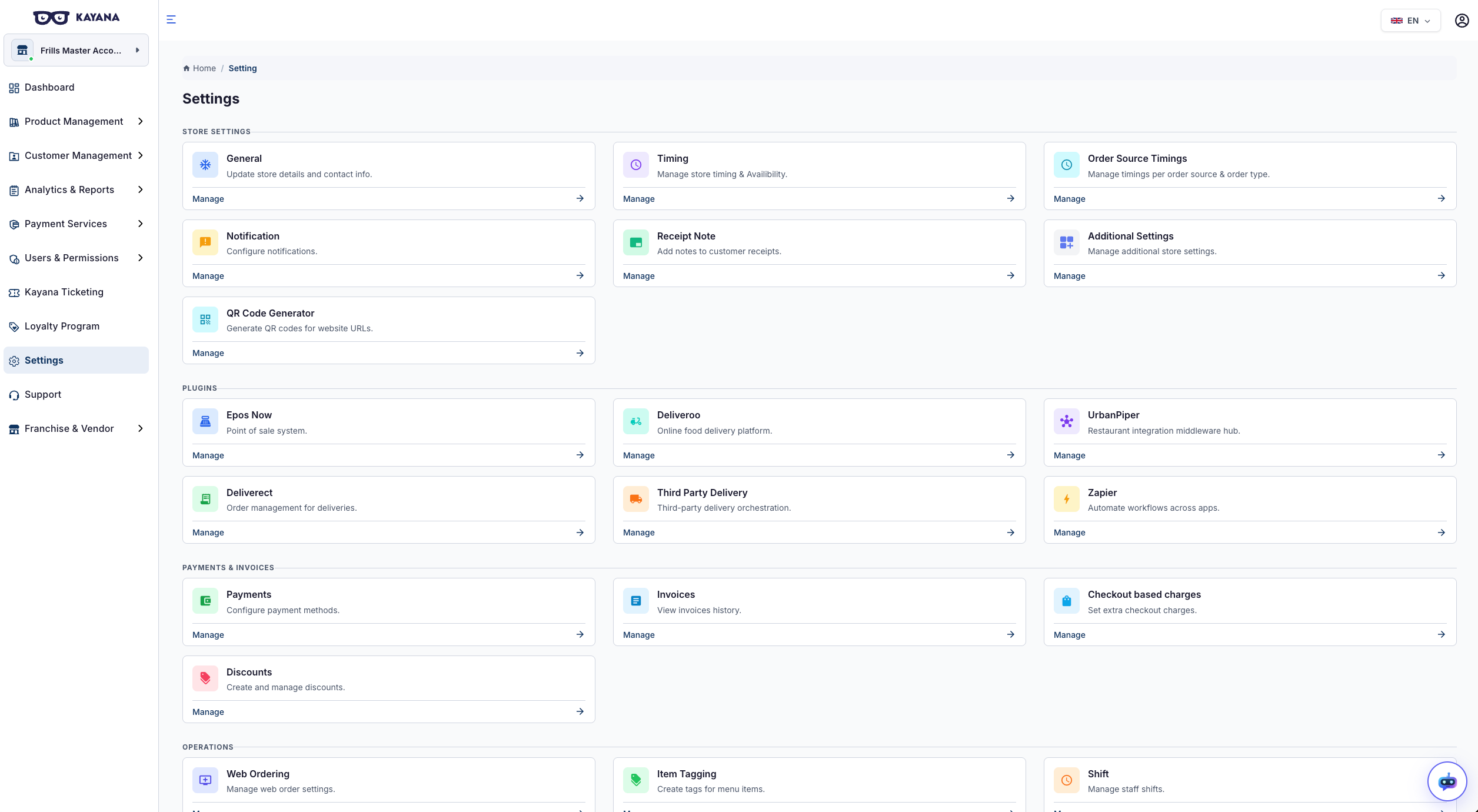 Una vista de la cuadrícula de Configuración en la plataforma Kayana Partner Admin.