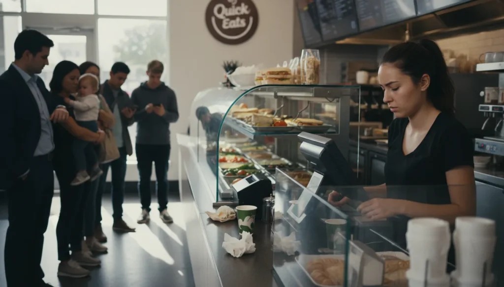 Restaurant counter with only one cashier serving multiple customers, visible queue forming, customers waiting impatiently, staff focused but stressed, natural lighting, realistic scene, editorial stock photo