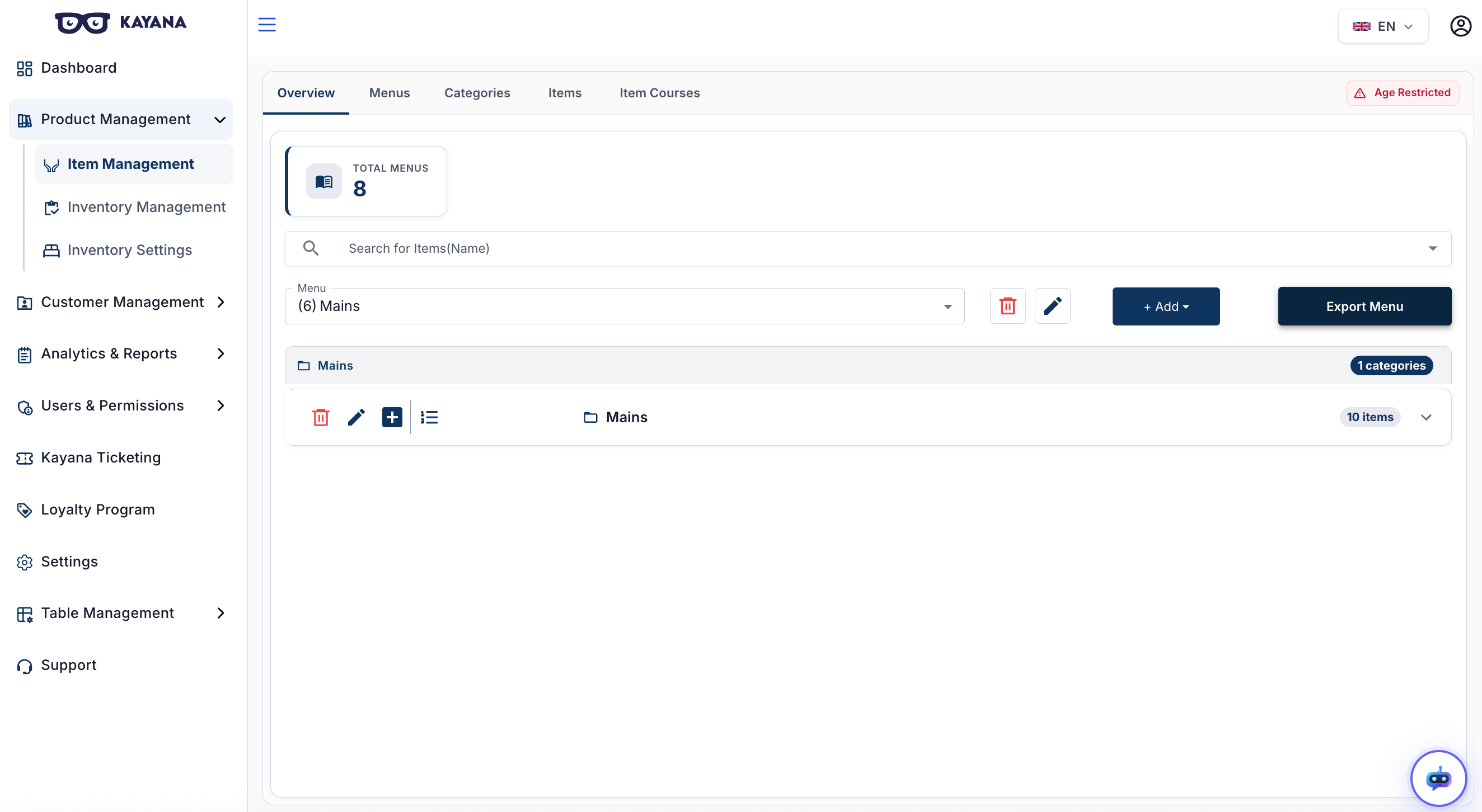 Menu exporteren uit Kayana Partner Admin — stap 1