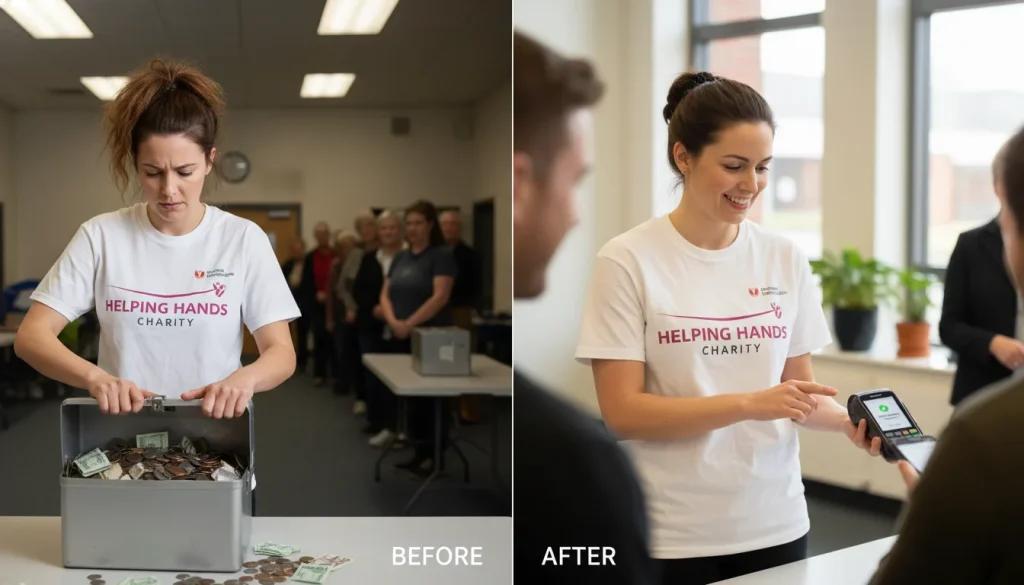 Split image comparison showing charity volunteer struggling with cash box versus confidently using modern payment solution