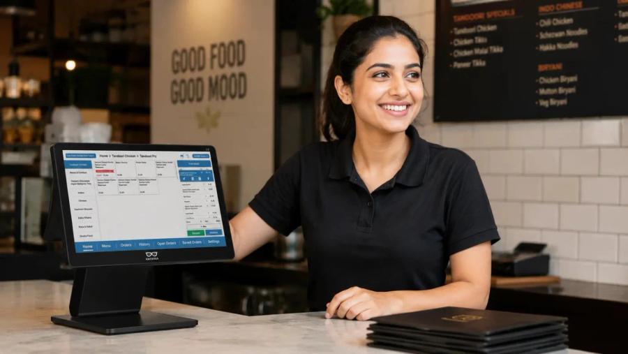 A woman in a black polo shirt standing behind a counter with a Kayana EPOS screen displaying a restaurant menu on the left, a stack of menus in the foreground, and a menu board with several dishes in the background