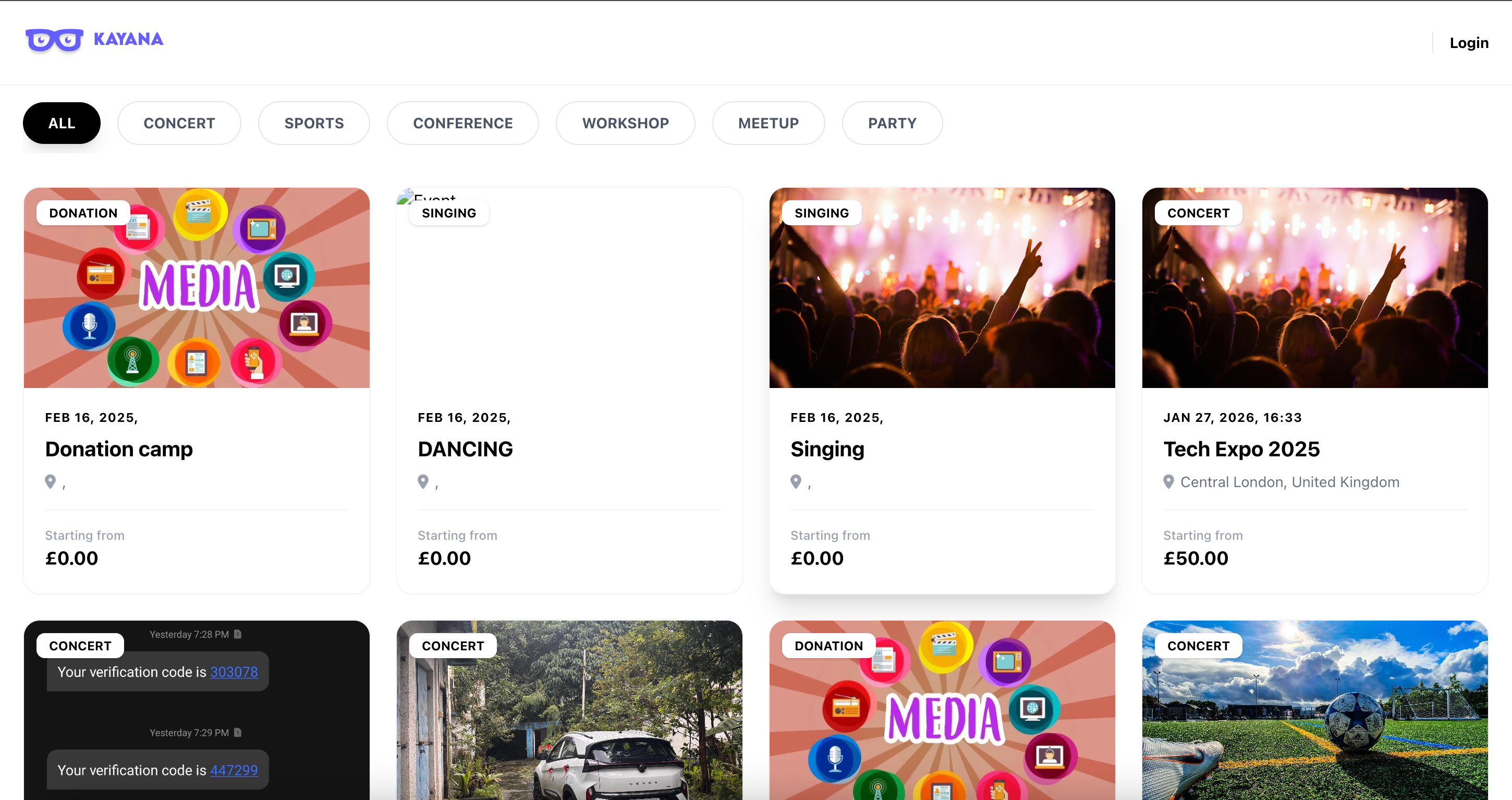 Una vista de la página de inicio de Kayana tickets.