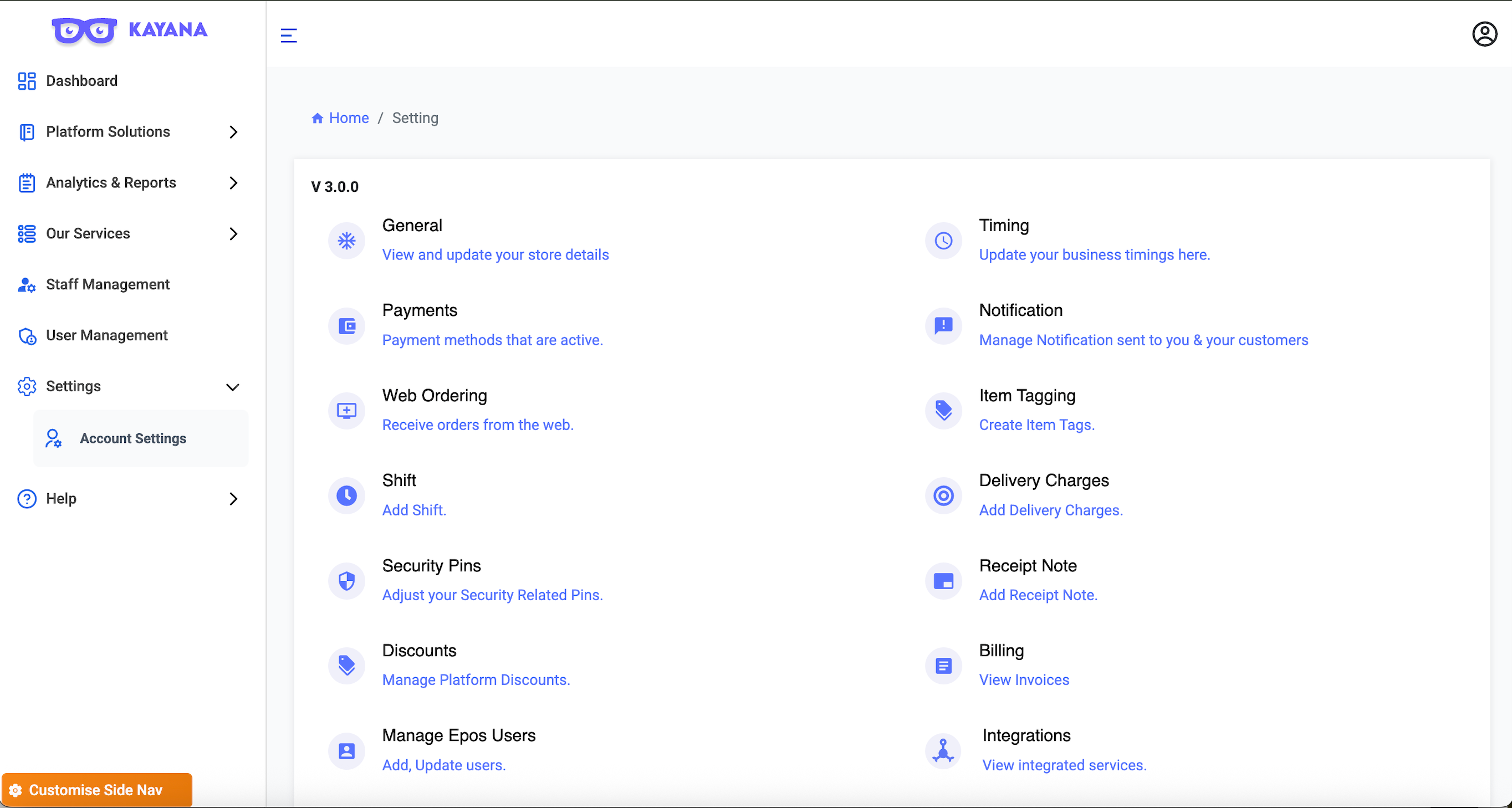 Settings page in Kayana Partner Admin displaying a grid of configuration and account options