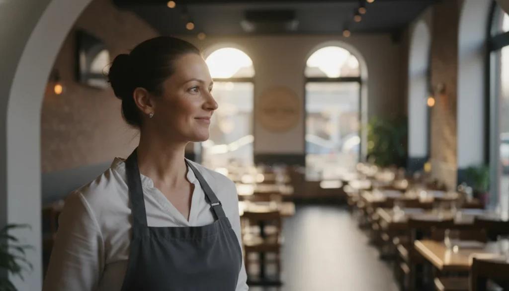 AI is transforming hospitality as a restaurant owner stands at the entrance of an empty dining room after service, calm and satisfied in warm evening light.
