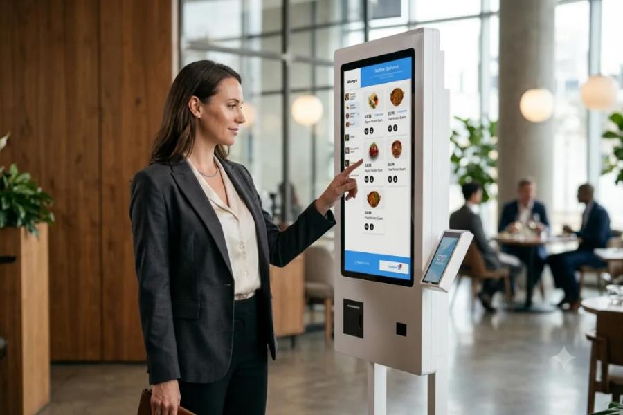 A woman using Kayana self service kiosk