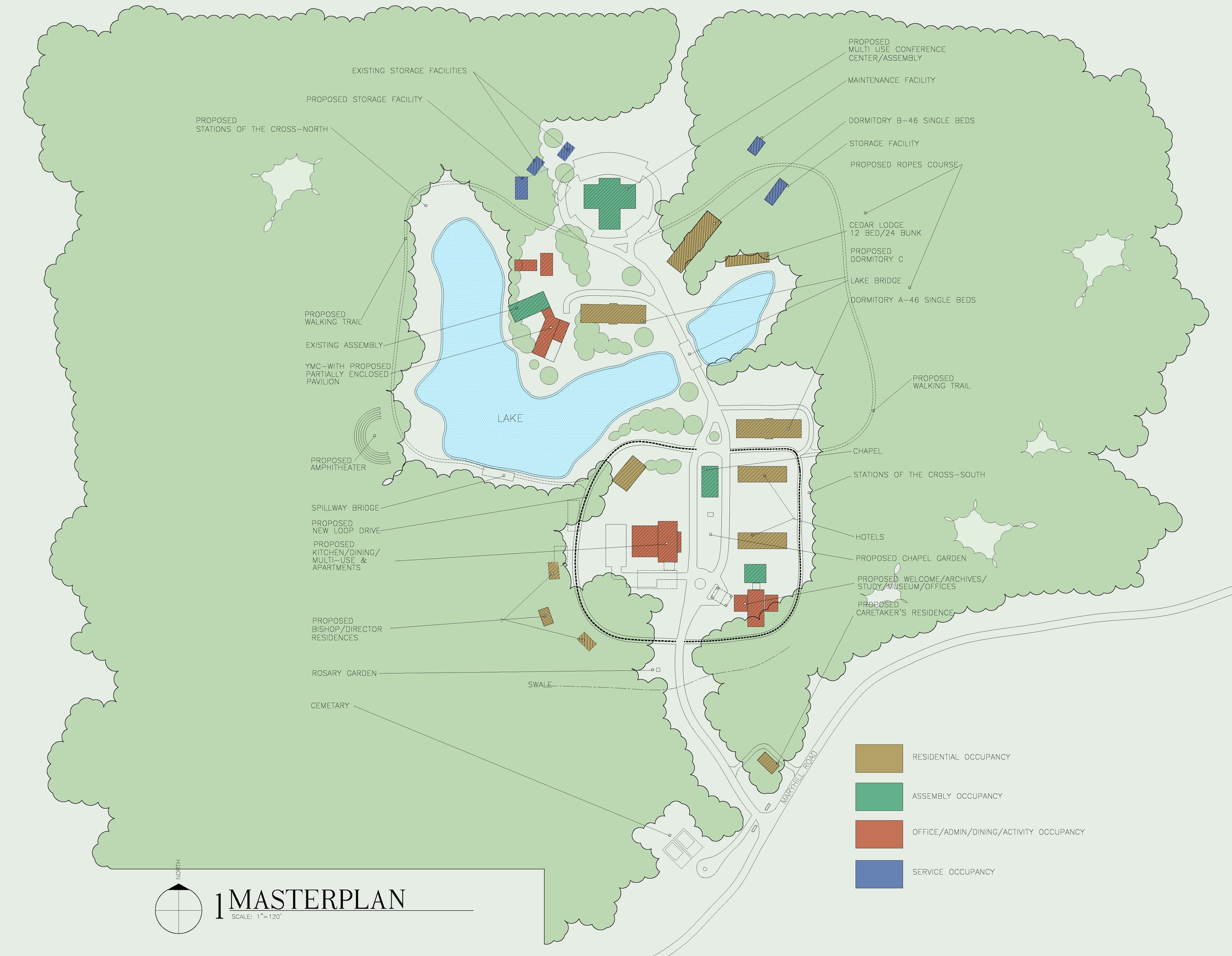 Site master plan showing buildings, lake and circulation routes