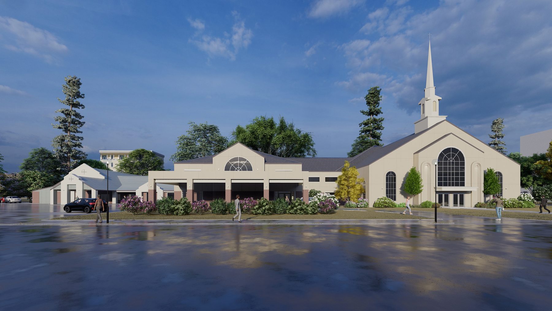 Rendering of a church with a white steeple and covered drop-off