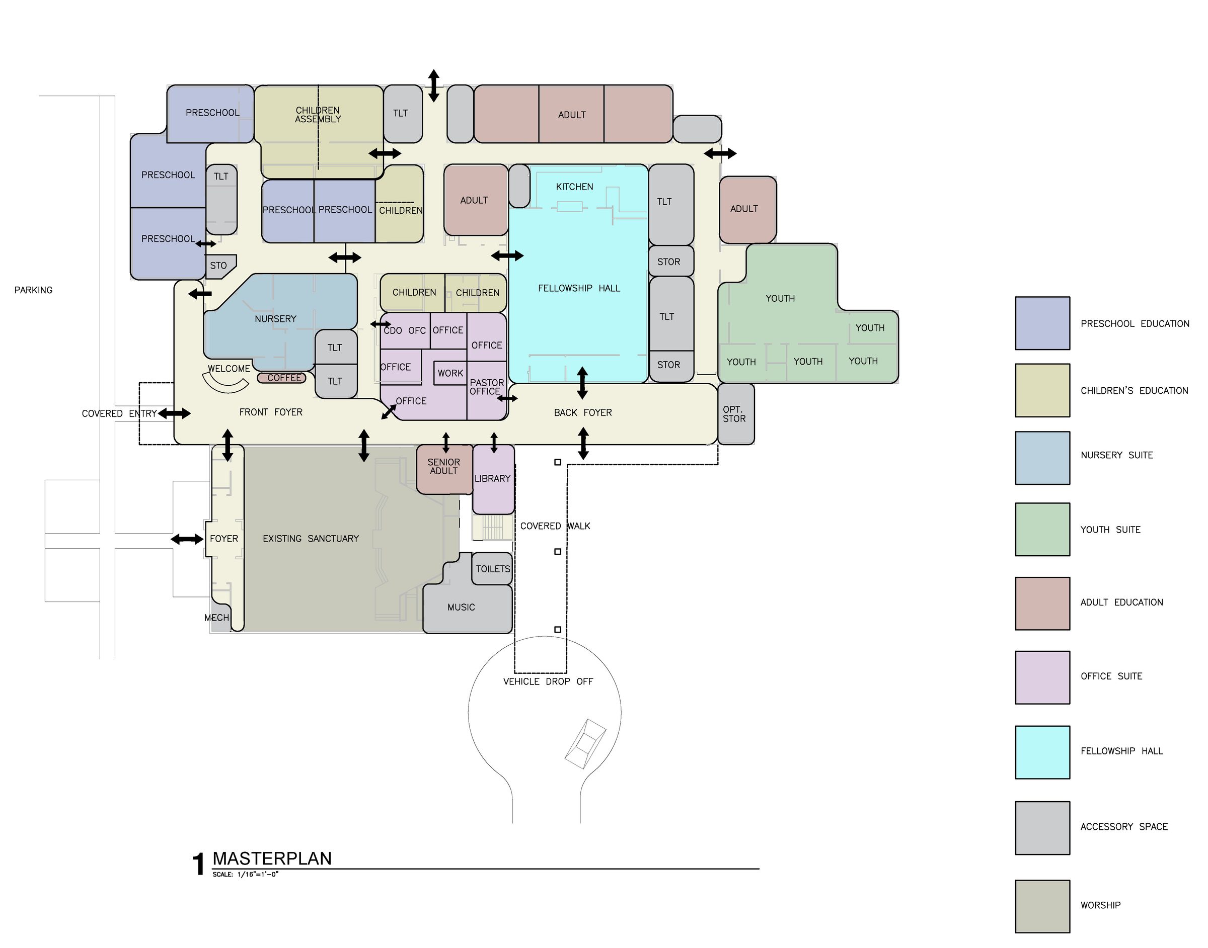 Colour-coded master plan drawing showing programme areas