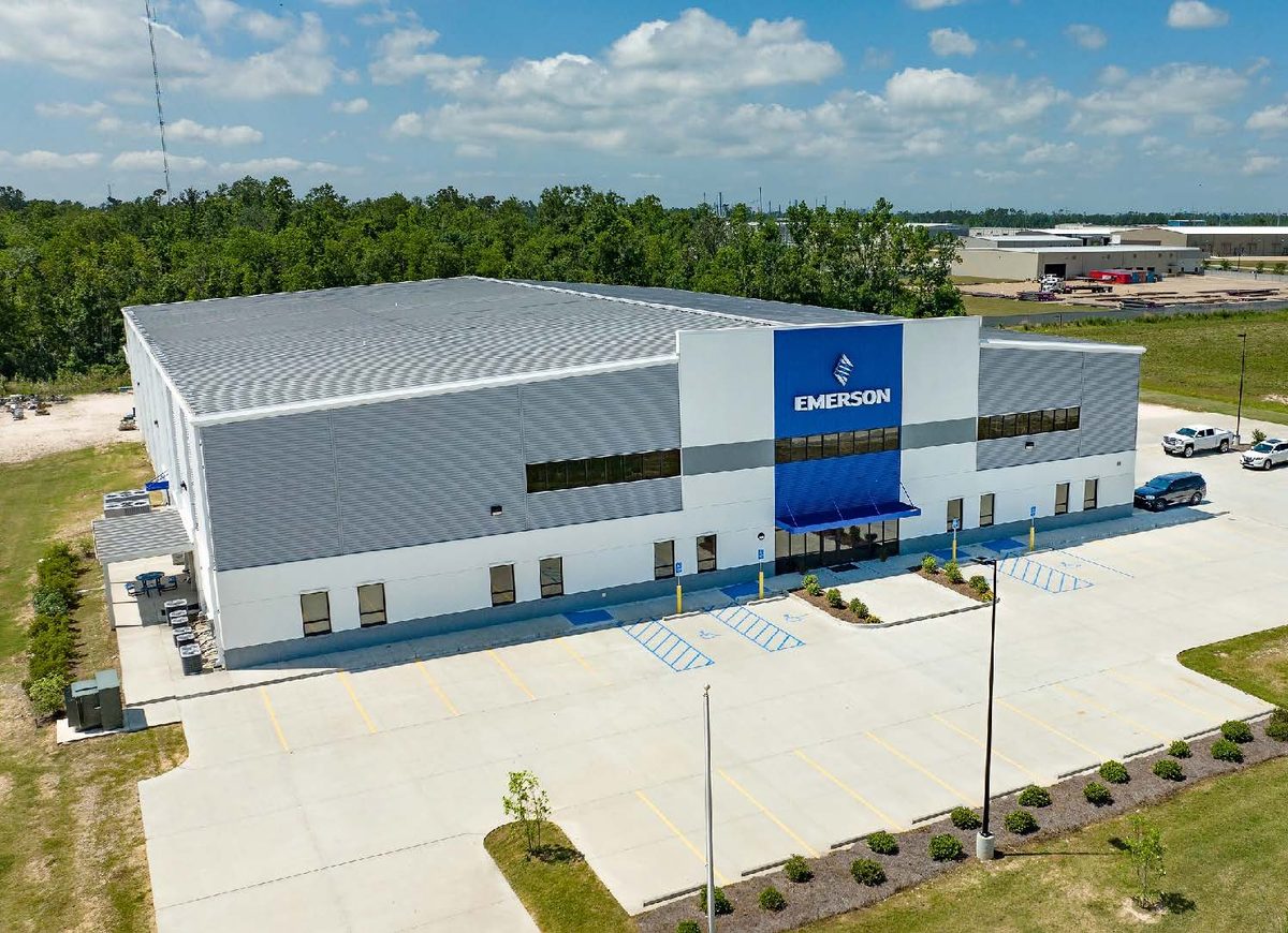 Aerial view of the Emerson facility and its parking area