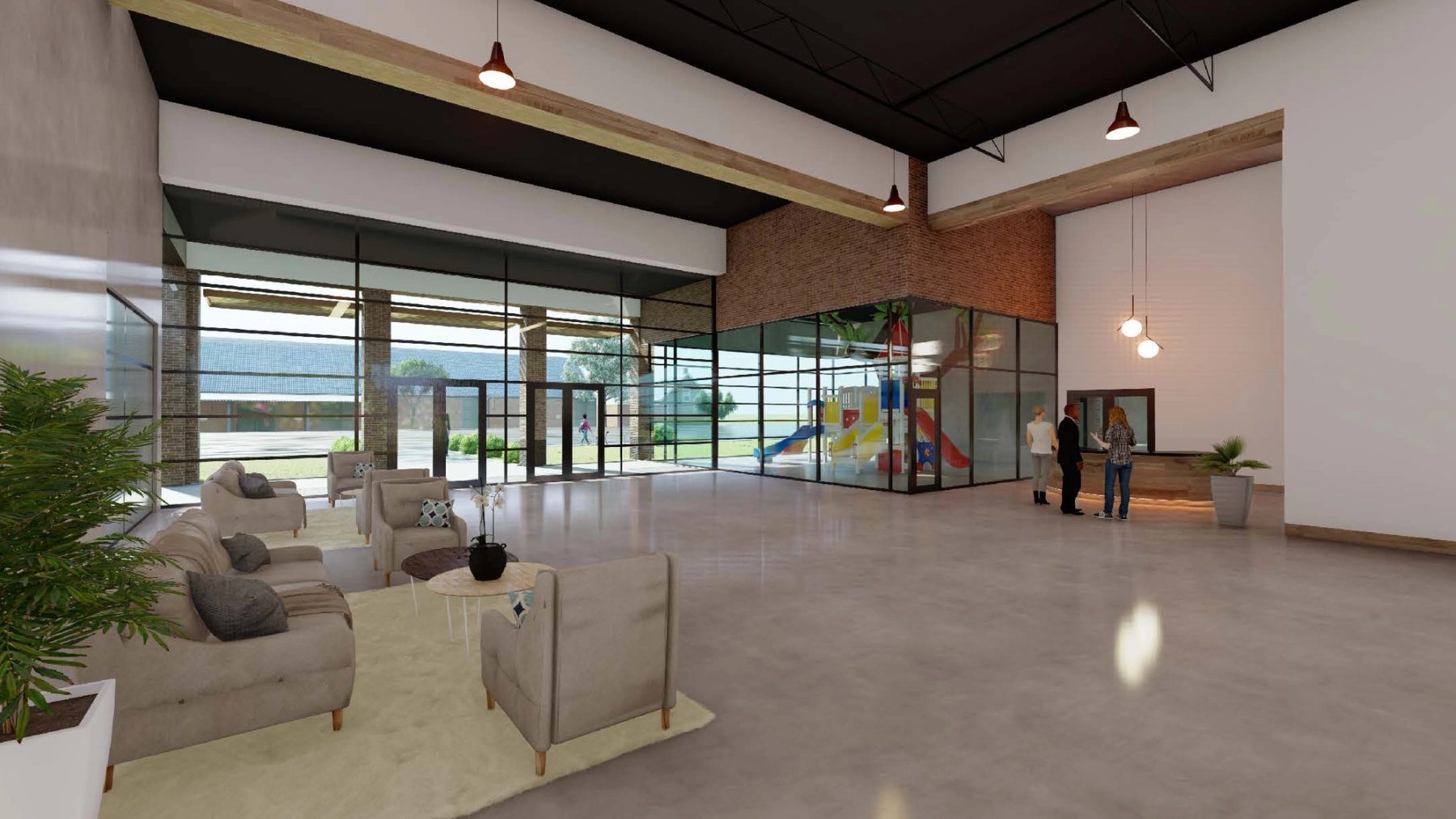 Church lobby with full-height glazing, lounge seating and an enclosed children’s play structure