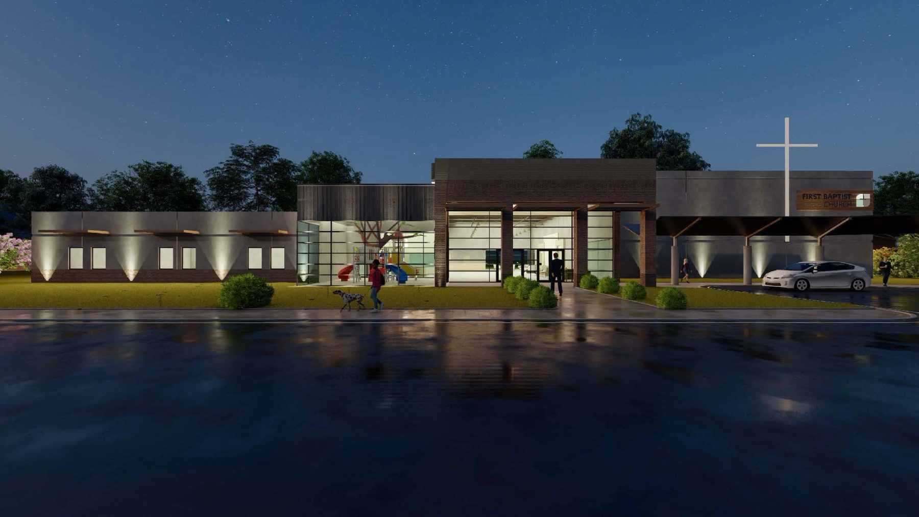 Evening rendering of First Baptist Church of Lake Charles, entry canopy lit from beneath