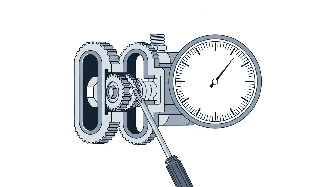 Cutaway illustration of a mechanical fuel meter with gears, gauge, and adjustment tool.