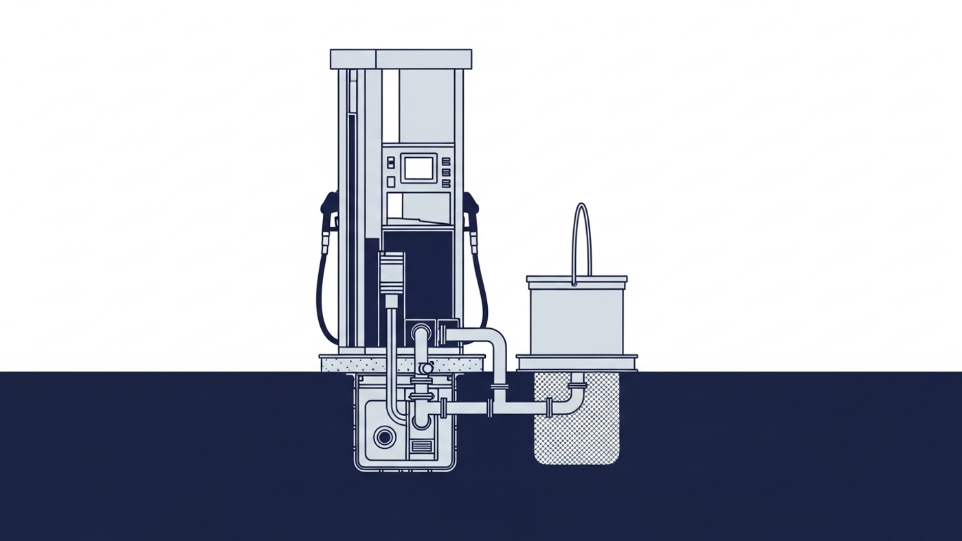 Fuel-station cutaway with a sump below the dispenser and a spill bucket beside the tank fill point.