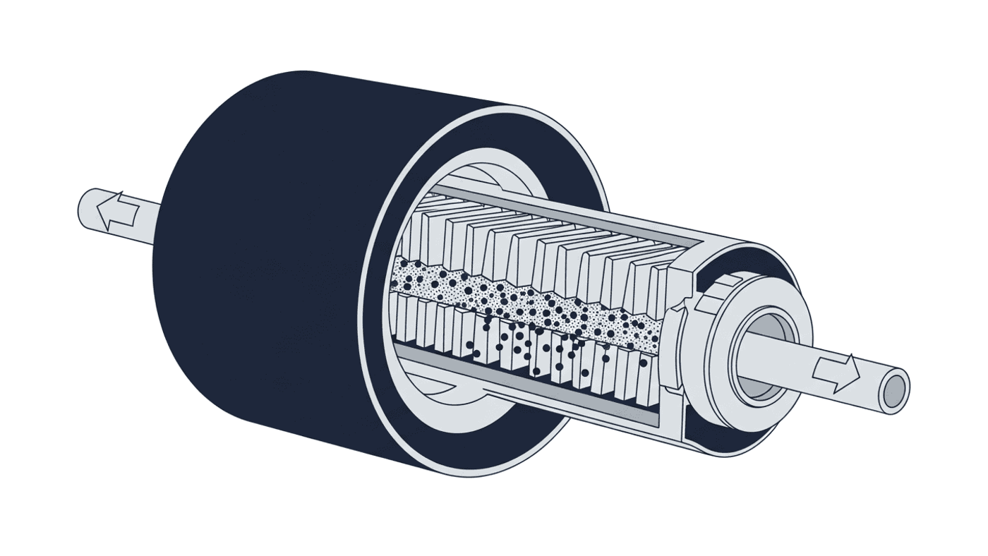 Cutaway illustration of a cylindrical fuel filter with pleated media and flow arrows.