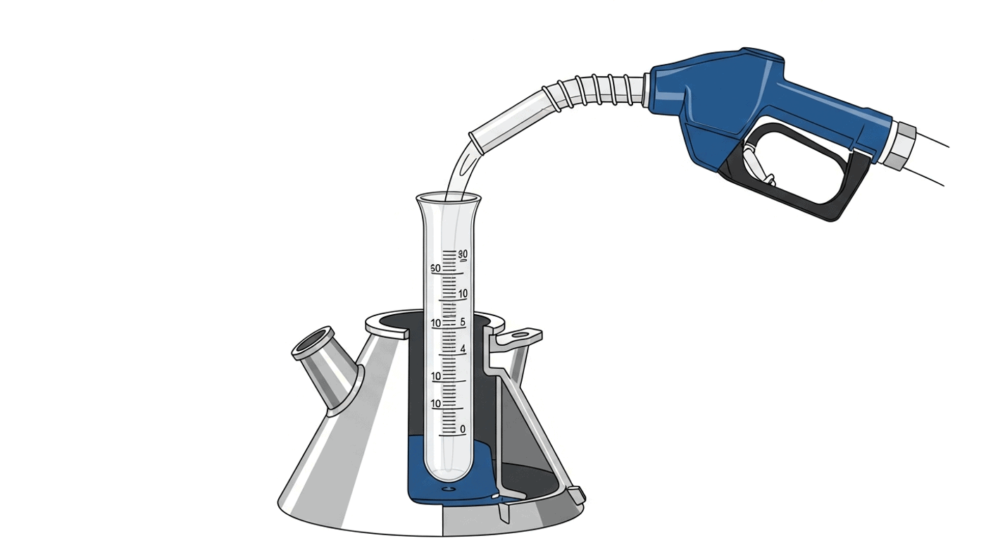 Illustration of a fuel nozzle dispensing product into a standard volumetric measure.