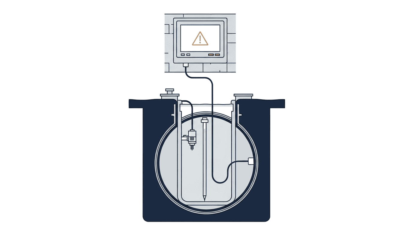 Underground tank diagram with a probe, wiring and an ATG console displaying an alert.