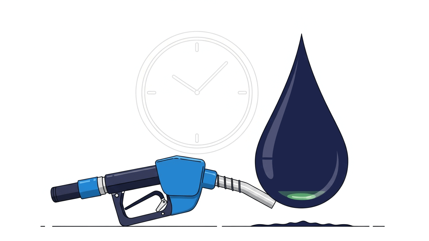 Ilustración de una pistola de combustible, un reloj y una gota para representar un cronograma suspendido.