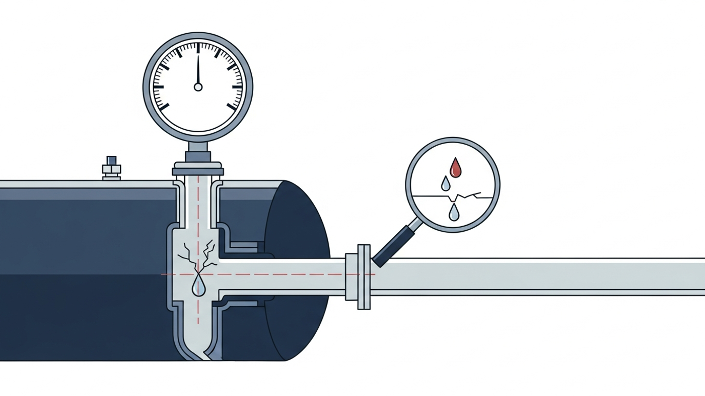 Illustration of a tank and piping with a pressure gauge and magnifier representing a tightness assessment.