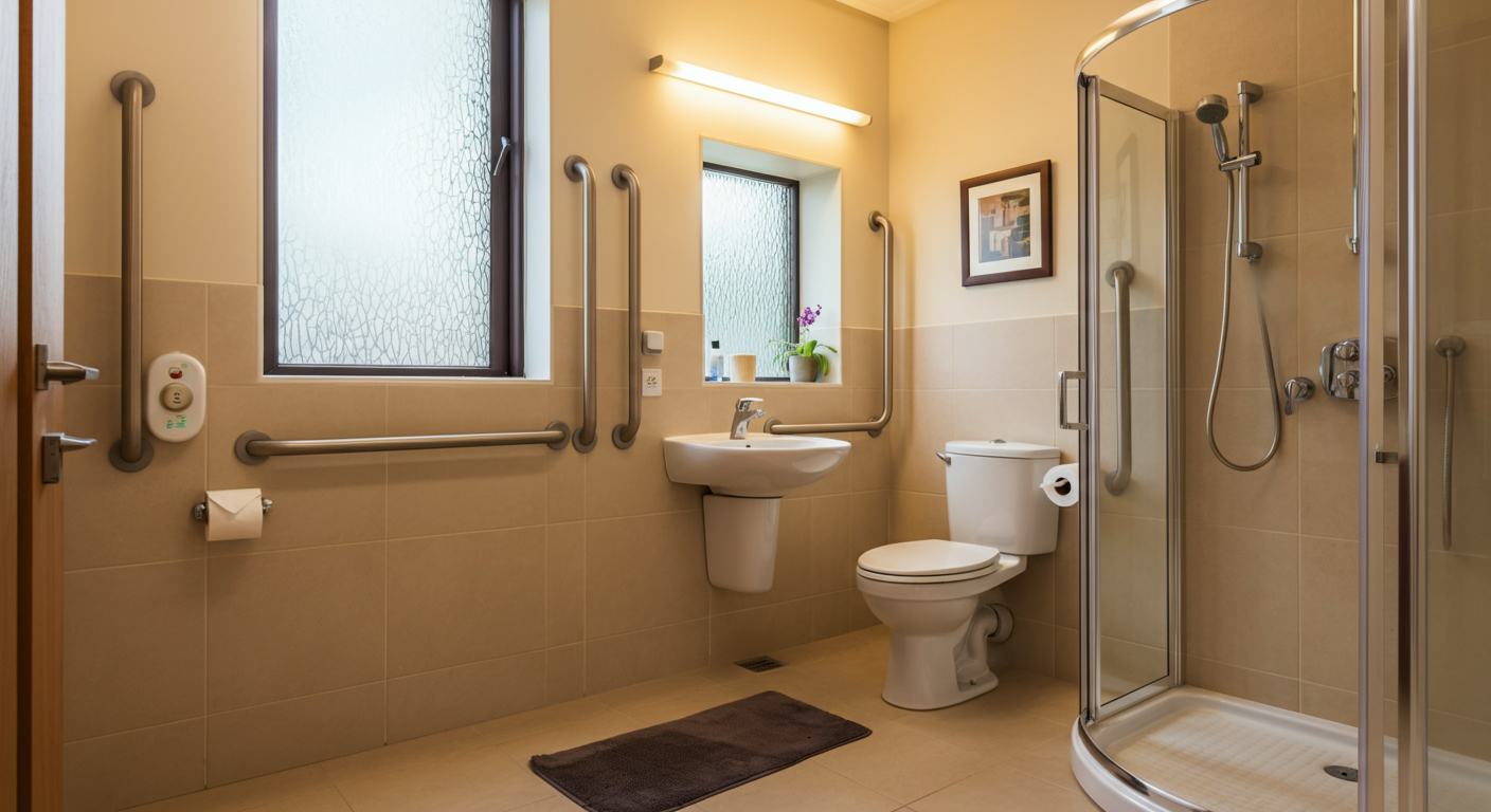 A well-lit home bathroom with grab bars and safety features installed for senior fall prevention