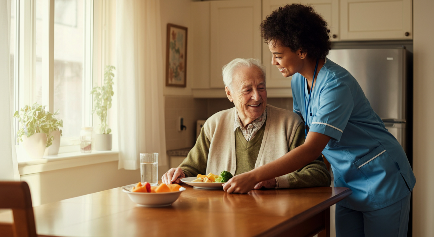 A caregiver helping a senior enjoy a nutritious meal at home in Toronto