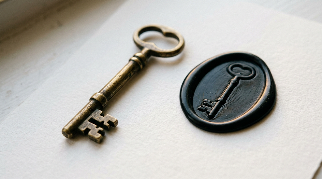 The image features an old-fashioned brass key positioned beside an impression of itself stamped into soft black sealing wax on a sheet of white paper. The contrast between the metallic key and the dark wax creates a visual narrative about authority and access, with a focus on their physical separation highlighted by the shallow depth of field.