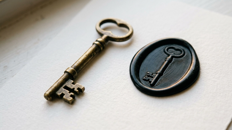 The image features an old-fashioned brass key positioned beside an impression of itself stamped into soft black sealing wax on a sheet of white paper. The contrast between the metallic key and the dark wax creates a visual narrative about authority and access, with a focus on their physical separation highlighted by the shallow depth of field.