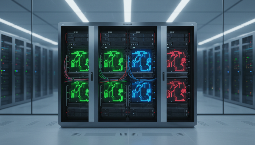 The image showcases a modern server rack with illuminated components, highlighting the technological advancements in server design. The rack features a symmetrical layout of servers, illuminated in vibrant colors, set within a sleek, controlled data center environment. This composition emphasizes the competition in AI hardware developments, reflecting Nvidia's positioning within the financial technology sector.
