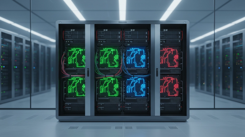 The image showcases a modern server rack with illuminated components, highlighting the technological advancements in server design. The rack features a symmetrical layout of servers, illuminated in vibrant colors, set within a sleek, controlled data center environment. This composition emphasizes the competition in AI hardware developments, reflecting Nvidia's positioning within the financial technology sector.