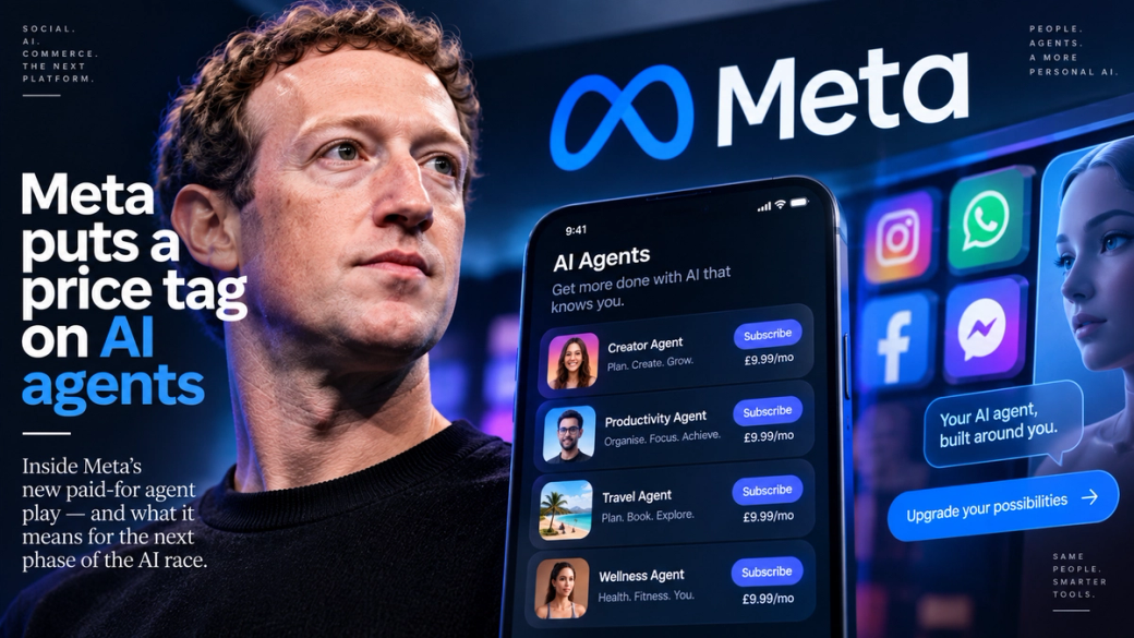 The image features a close-up of a man, presumably a tech executive, alongside a smartphone displaying an app related to AI agents. The text highlights Meta's pricing and services for AI agents, indicating a new offering from the company.