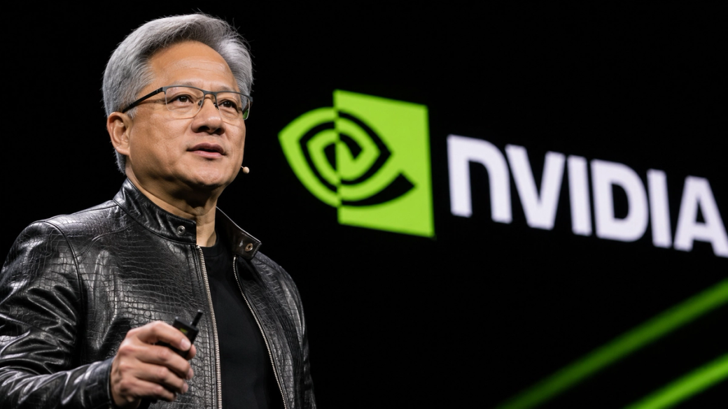 A man stands on stage, delivering a presentation with a confident demeanor. Behind him, a large Nvidia logo is prominently displayed, signifying the context of a corporate event likely centered on technology and innovation.