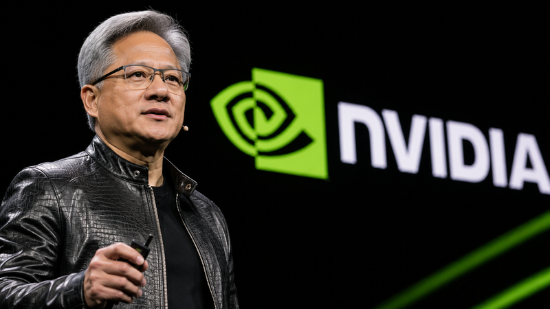 A man stands on stage, delivering a presentation with a confident demeanor. Behind him, a large Nvidia logo is prominently displayed, signifying the context of a corporate event likely centered on technology and innovation.