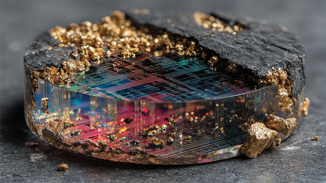 The image features a cross-section of a unique geological specimen that combines natural and technological elements. The vibrant, rainbow-colored interior resembles a computer chip or circuit board, surrounded by dark, textured rock and hints of metallic gold.