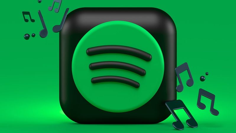 The image features the Spotify logo, prominently displayed against a green background. Surrounding the logo are musical notes, indicating a focus on music and audio streaming.
