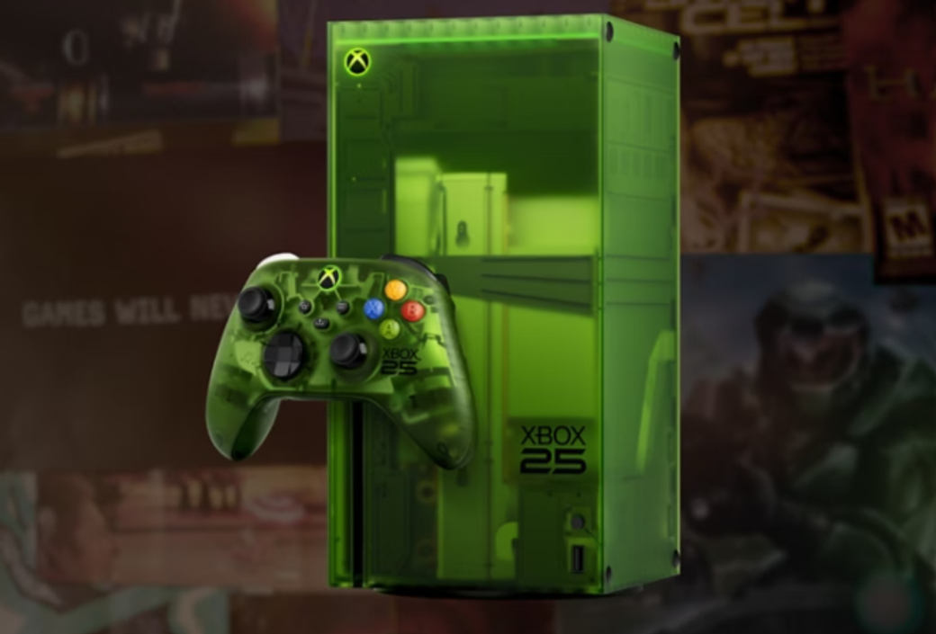 The image showcases a translucent green Xbox console alongside a matching controller. The background features various gaming-related visuals, enhancing the overall theme of the Xbox brand's 25th anniversary celebration.