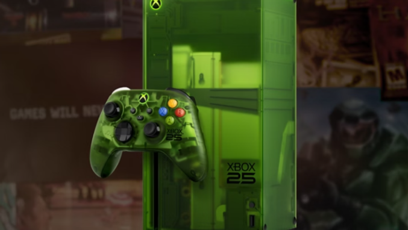 The image showcases a translucent green Xbox console alongside a matching controller. The background features various gaming-related visuals, enhancing the overall theme of the Xbox brand's 25th anniversary celebration.
